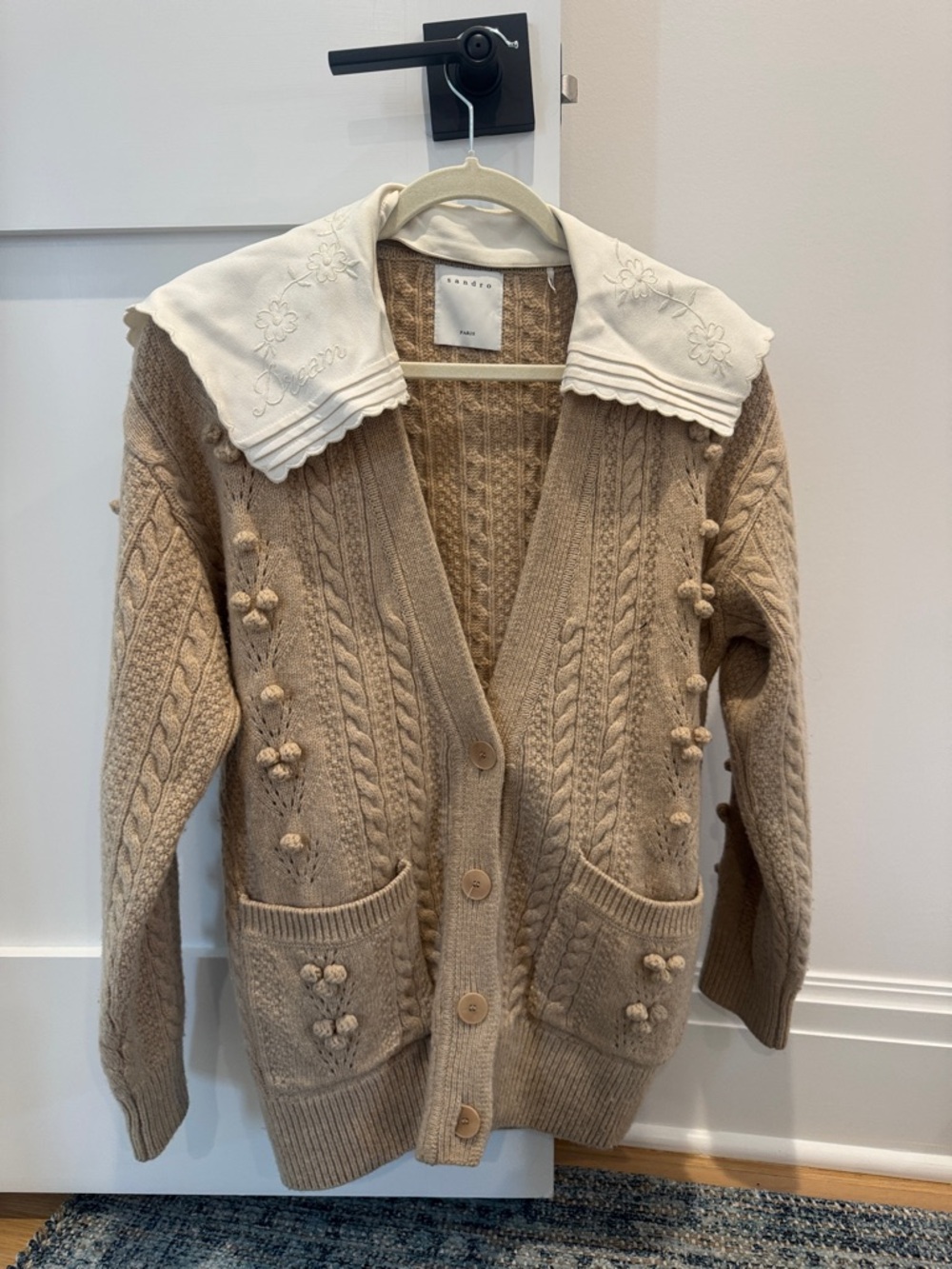 Sandro Tan Cable-Knit Cardigan with Cream Embroidered Collar